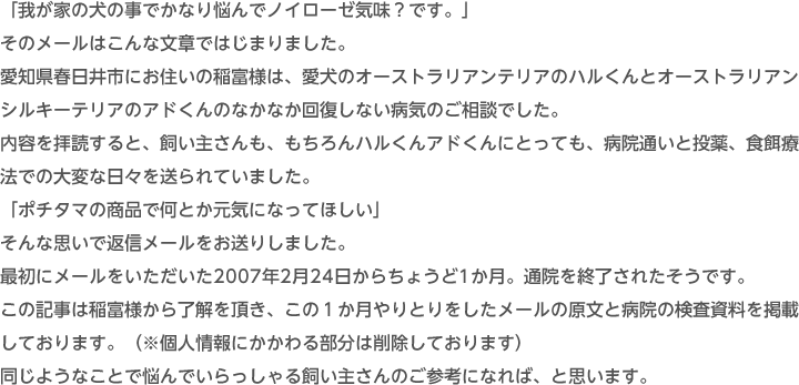 「我が家の犬の事でかなり悩んでノイローゼ気味?です。」そのメールはこんな文章ではじまりました。愛知県春日井市にお住いの稲富様は、愛犬のオーストラリアンテリアのハルくんとオーストラリアンシルキーテリアのアドくんのなかなか回復しない病気のご相談でした。内容を拝読すると、飼い主さんも、もちろんハルくんアドくんにとっても、病院通いと投薬、食餌療法での大変な日々を送られていました。「ポチタマの商品で何とか元気になってほしい」そんな思いで返信メールをお送りしました。最初にメールをいただいた2007年2月24日からちょうど1か月。通院を終了されたそうです。この記事は稲富様から了解を頂き、この1か月やりとりをしたメールの原文と病院の検査資料を掲載しております。(※個人情報にかかわる部分は削除しております)同じようなことで悩んでいらっしゃる飼い主さんのご参考になれば、と思います。