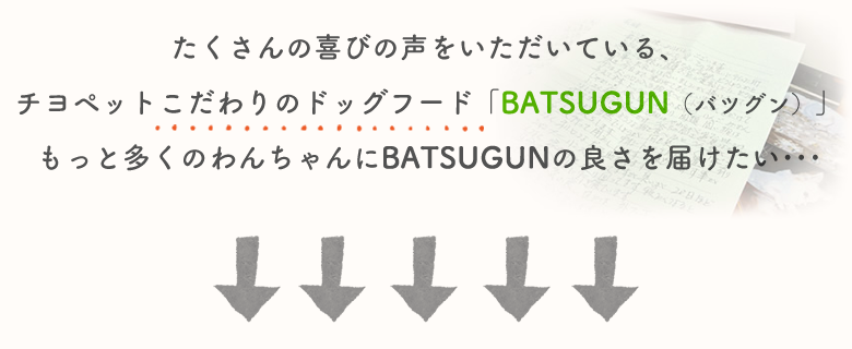 たくさんの喜びの声をいただいている、チヨペットこだわりのドッグフード「BATSUGUN(バツグン)」もっと多くのわんちゃんにBATSUGUNの良さを届けたい・・・